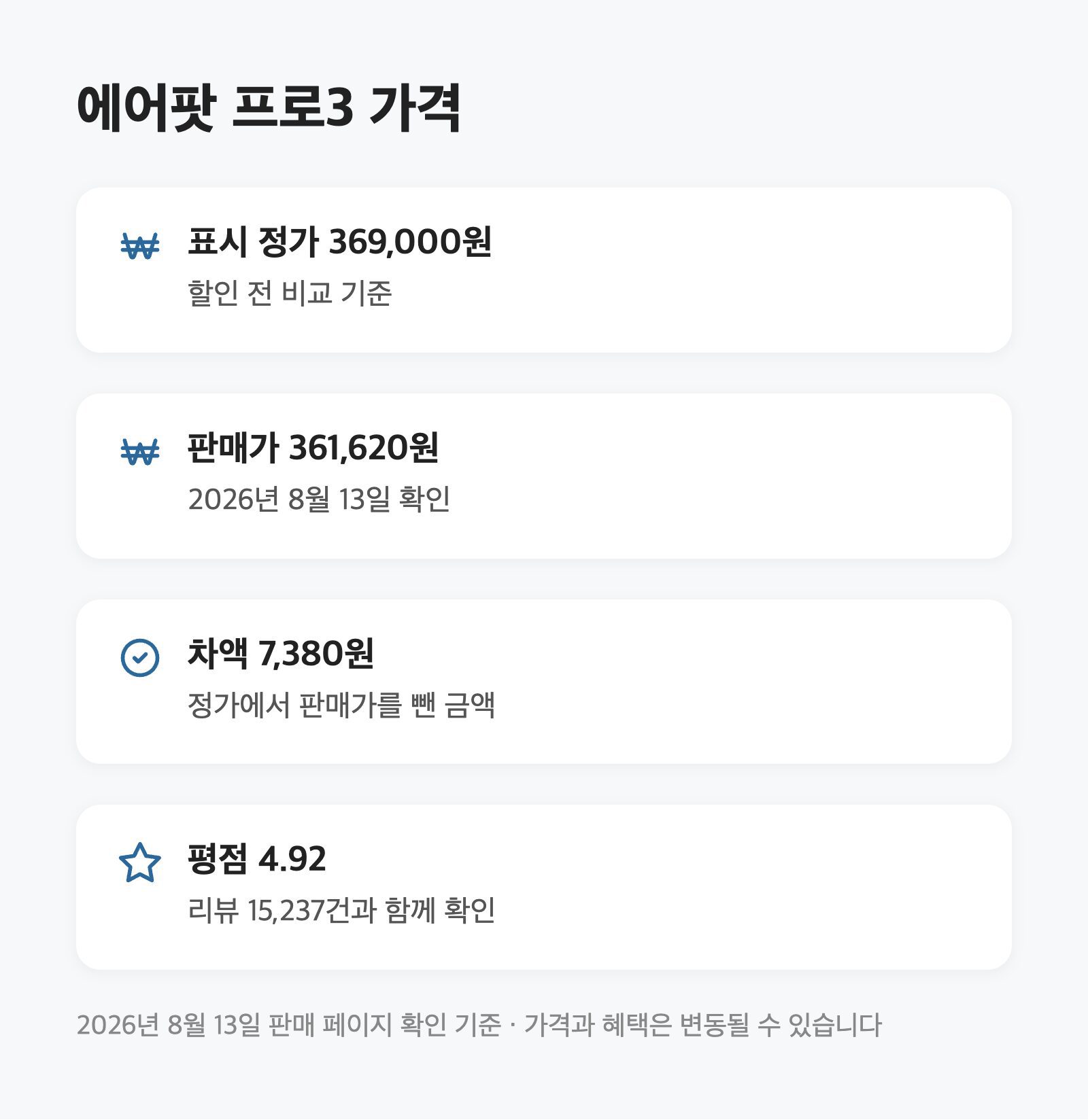 에어팟 프로3, 아이폰 연동을 원하면 361,620원｜평점 4.92